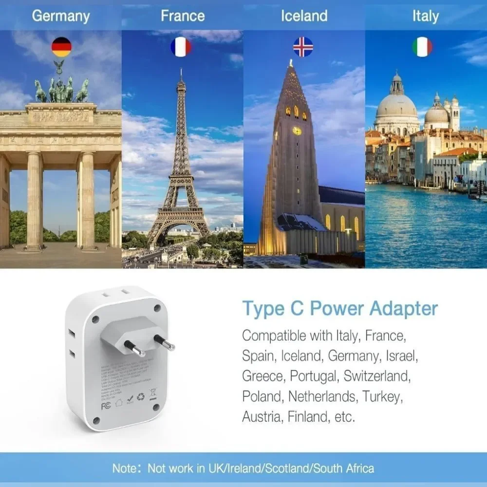 European Travel Plug Adapter USB C, TESSAN International Plug Adapter with 4 AC